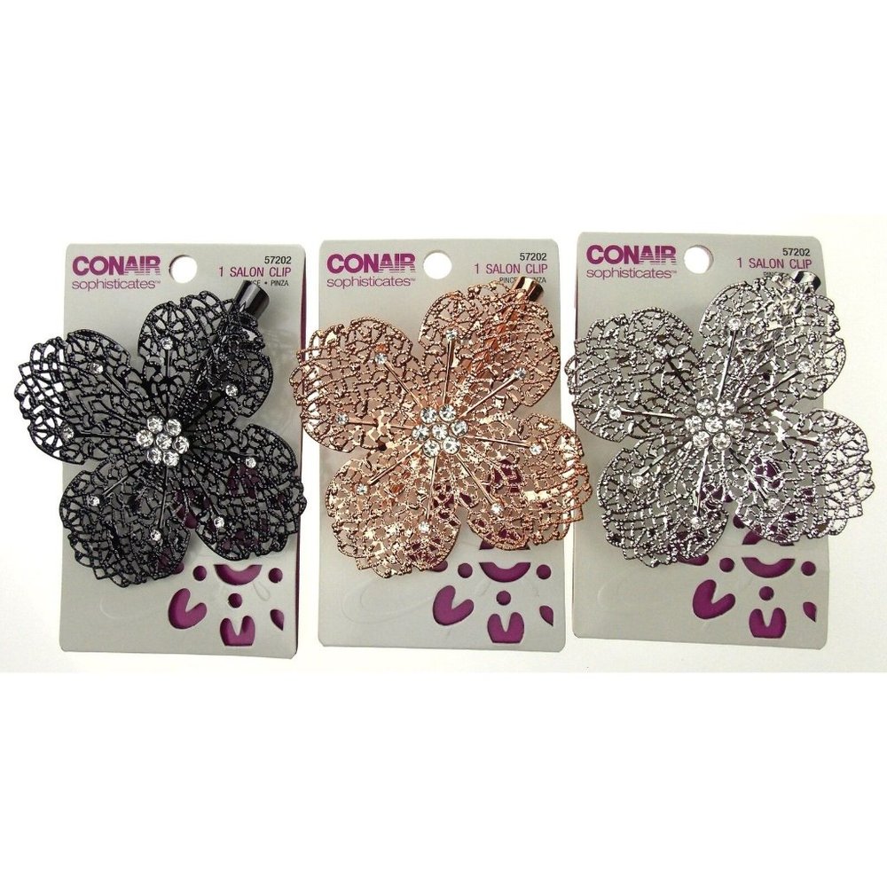 Conair Salon Clips Lot 3 Flower Design Rose Gold Silver Pewter Metal Gems Dressy